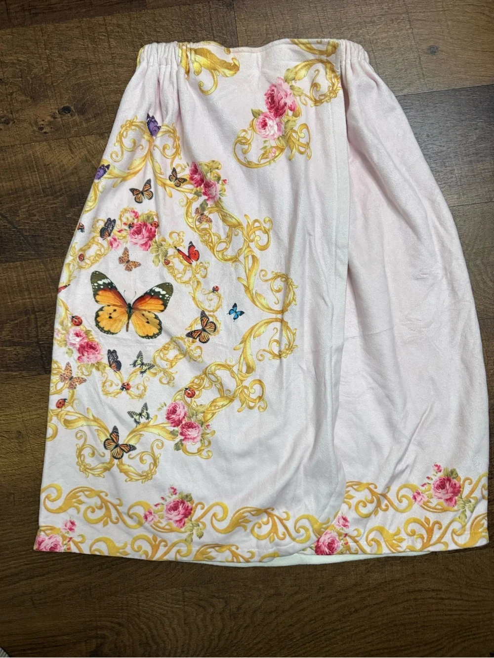 Floral & Butterfly Print Wrap Skirt in Light Pink and Gold wrap up
